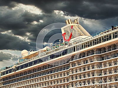 Rhodes, Greece - July 03, 2019 - Side view of the shipping company TUI cruisesâ€™ cruise liner named â€˜Mein Schiff 6â€™ with Editorial Stock Photo
